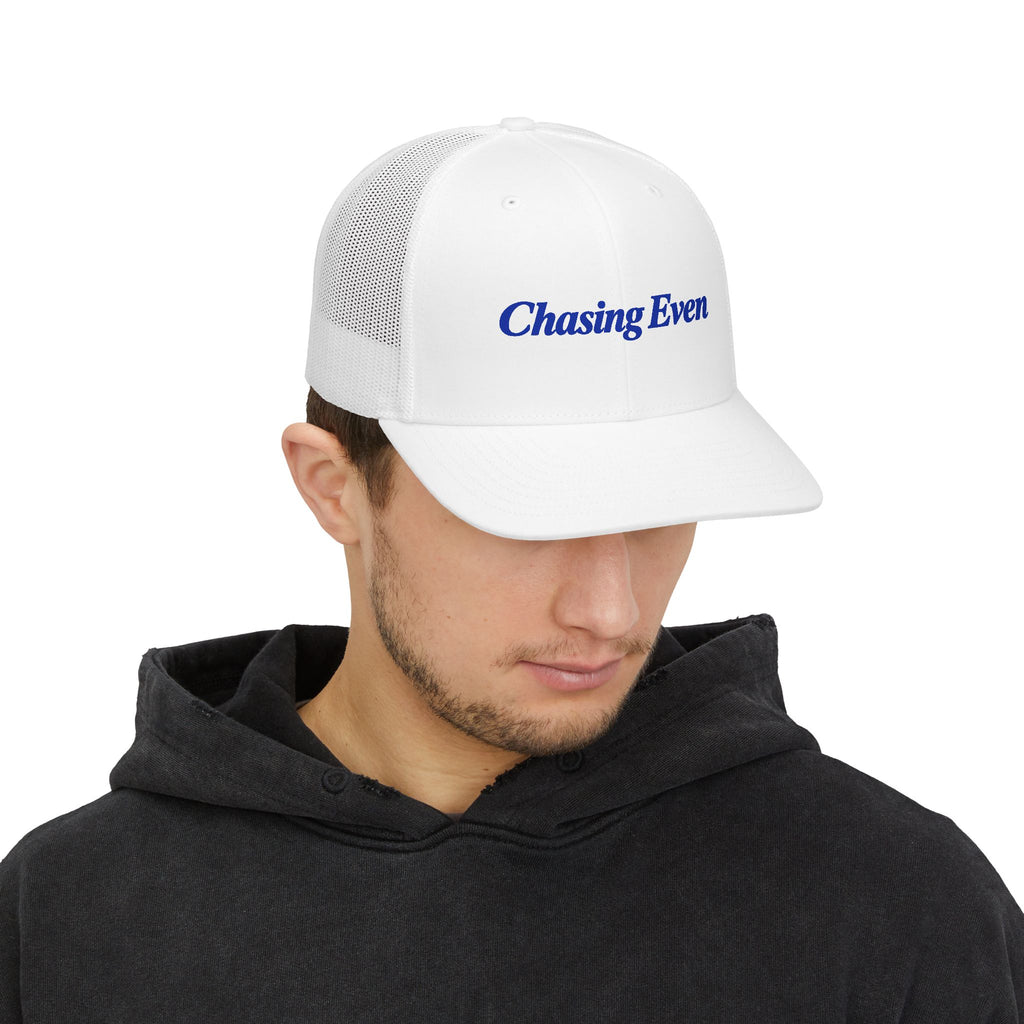 Chasing Even — Blue Wordmark Structured Trucker Hat