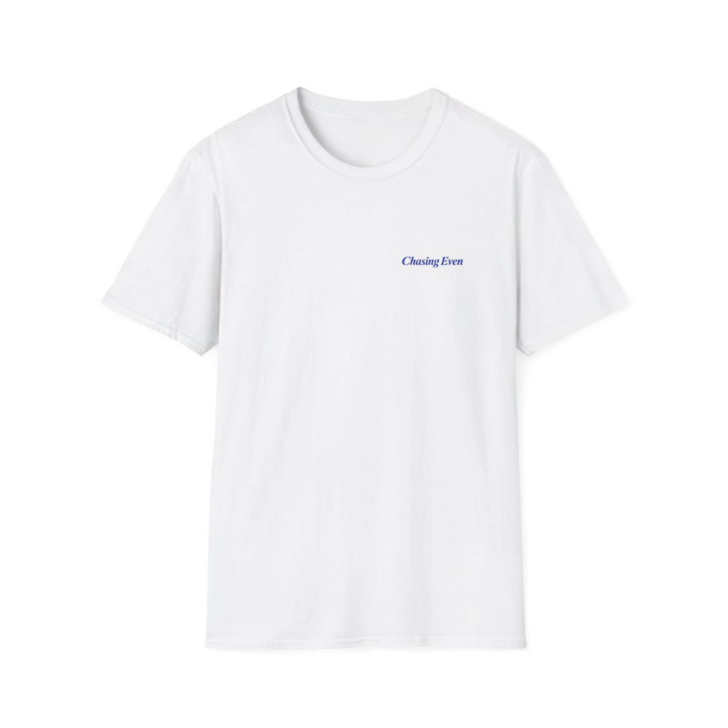 Chasing Even — Blue Wordmark Left-Chest T-Shirt
