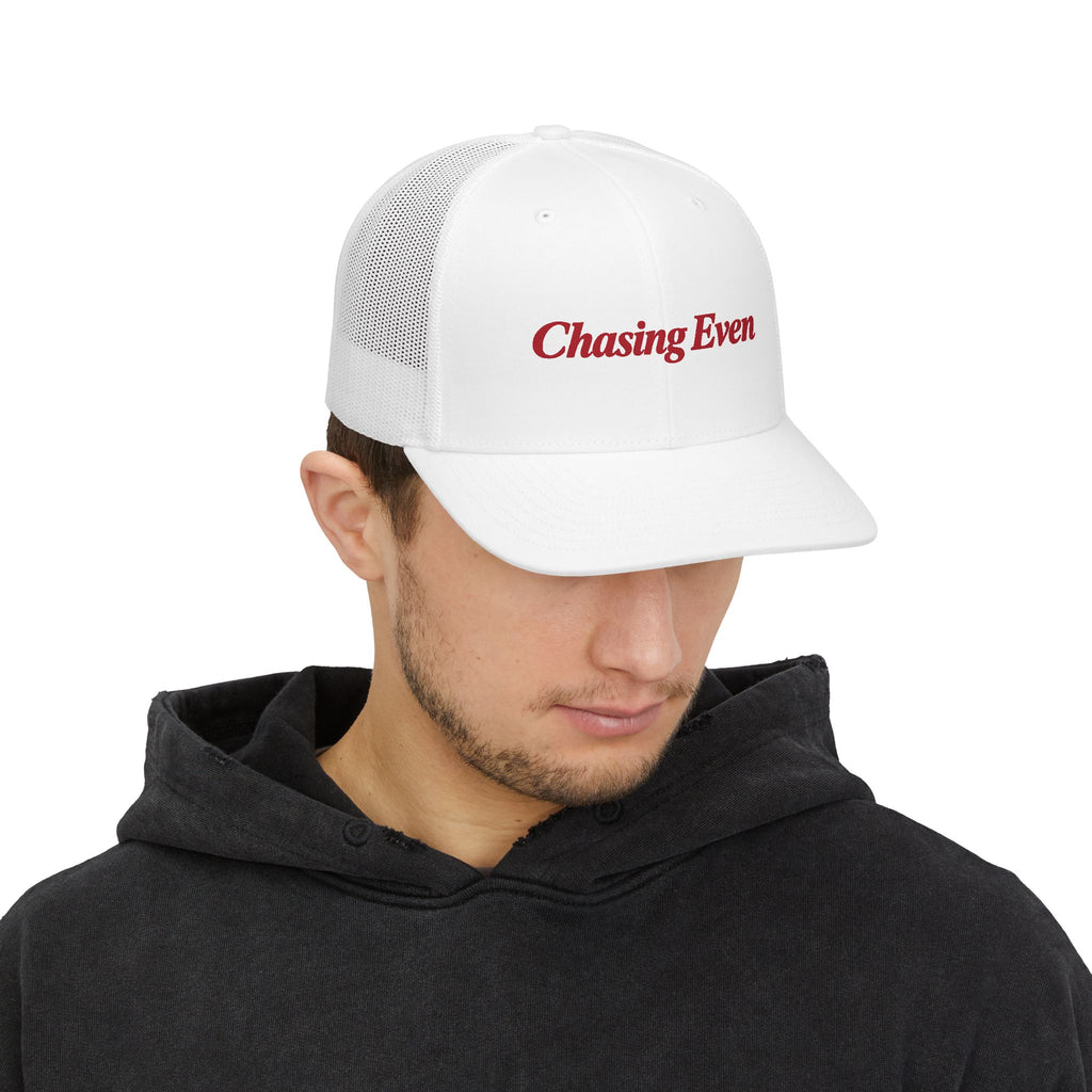Chasing Even — Red Wordmark Structured Trucker Hat