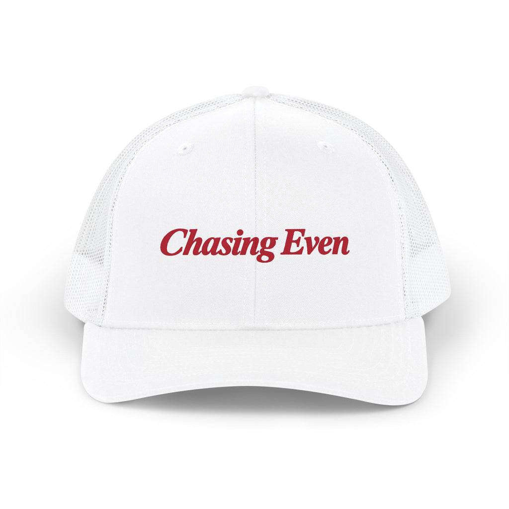 Chasing Even — Red Wordmark Structured Trucker Hat